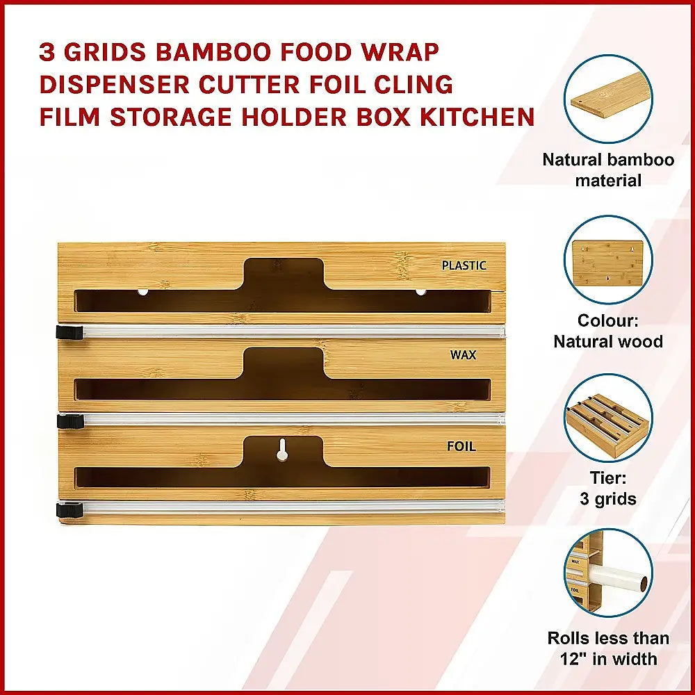 3 Grids Bamboo Wrap Dispenser Cutter Foil Cling Film Storage Holder Box Kitchen - Home & Garden > Kitchenware