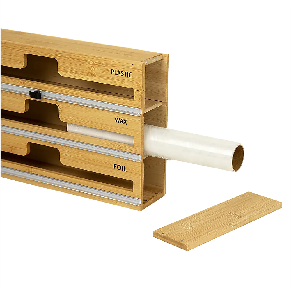 3 Grids Bamboo Wrap Dispenser Cutter Foil Cling Film Storage Holder Box Kitchen - Home & Garden > Kitchenware