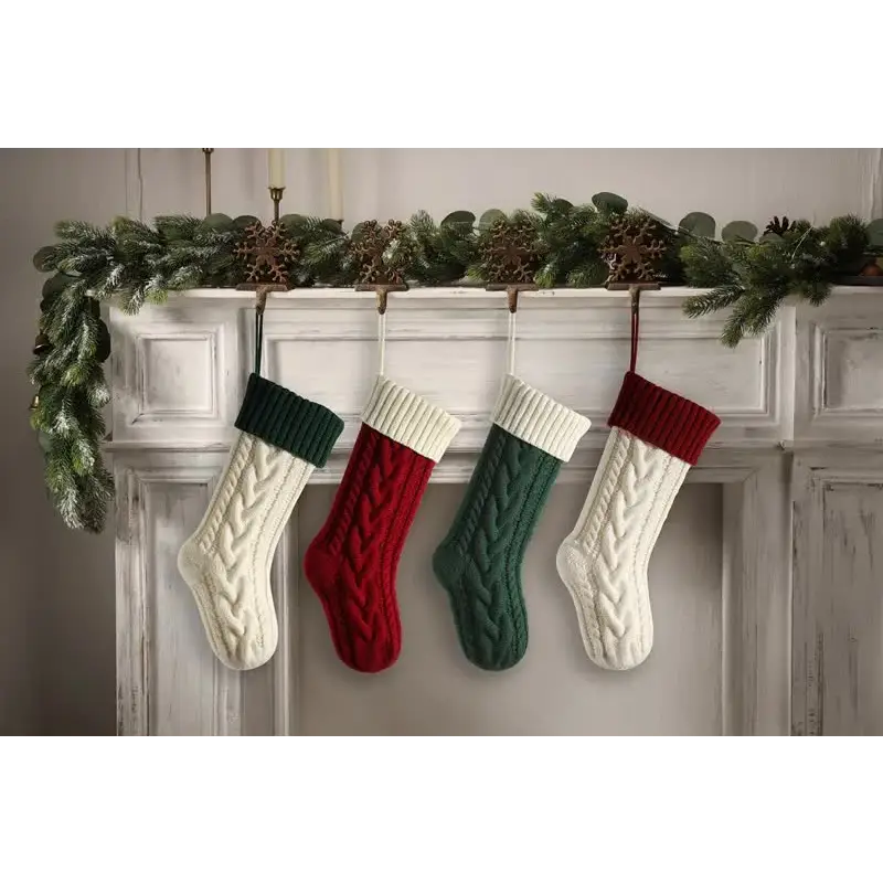 3 PCS Green Knitted Christmas Gift Bag with Decorative Stocking & Color Block Cable Knit - Large Capacity Holiday Gift