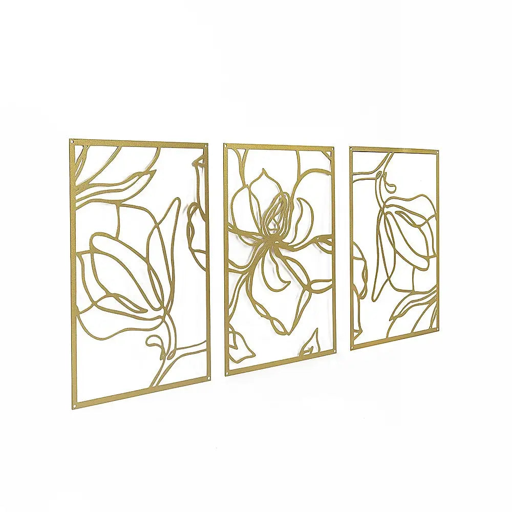 3 Piece Gold Flower Metal Wall Decor Abstract Floral Aesthetic Set of 3 - Home & Garden > Wall Art