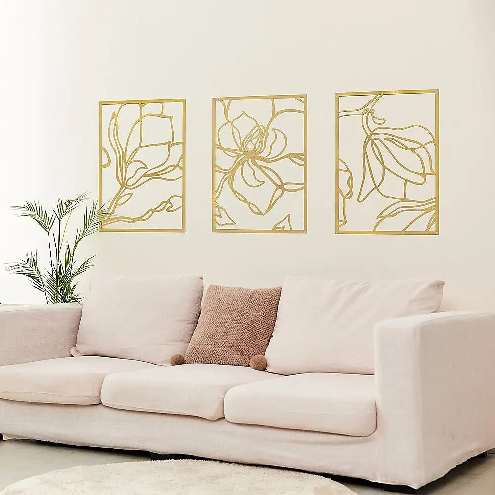3 Piece Gold Flower Metal Wall Decor Abstract Floral Aesthetic Set of 3 - Home & Garden > Wall Art