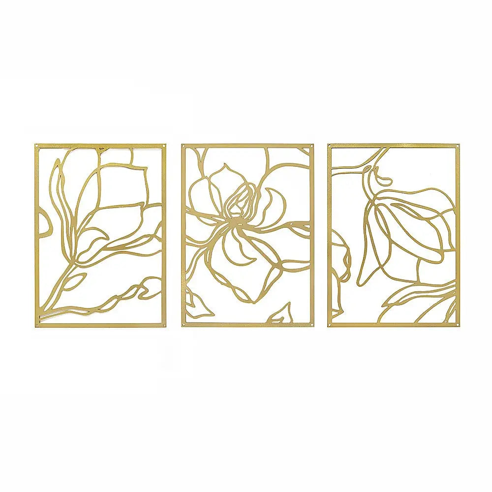 3 Piece Gold Flower Metal Wall Decor Abstract Floral Aesthetic Set of 3 - Home & Garden > Wall Art