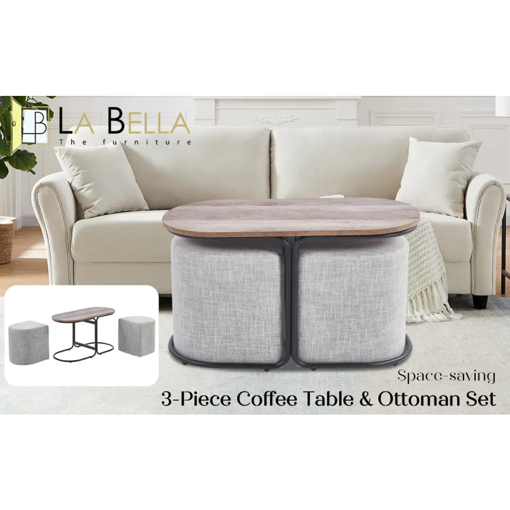 3 Piece Set Coffee Table & Ottoman Wood Side End Table Industrial - CREAM - Furniture > Bedroom