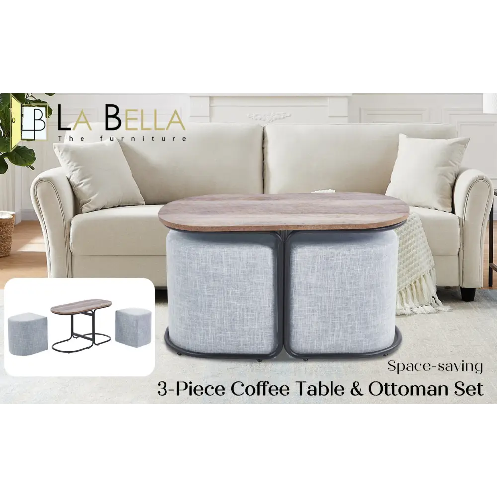 3 Piece Set Coffee Table & Ottoman Wood Side End Table Industrial - DARK GREY - Furniture > Office > Office & Desk