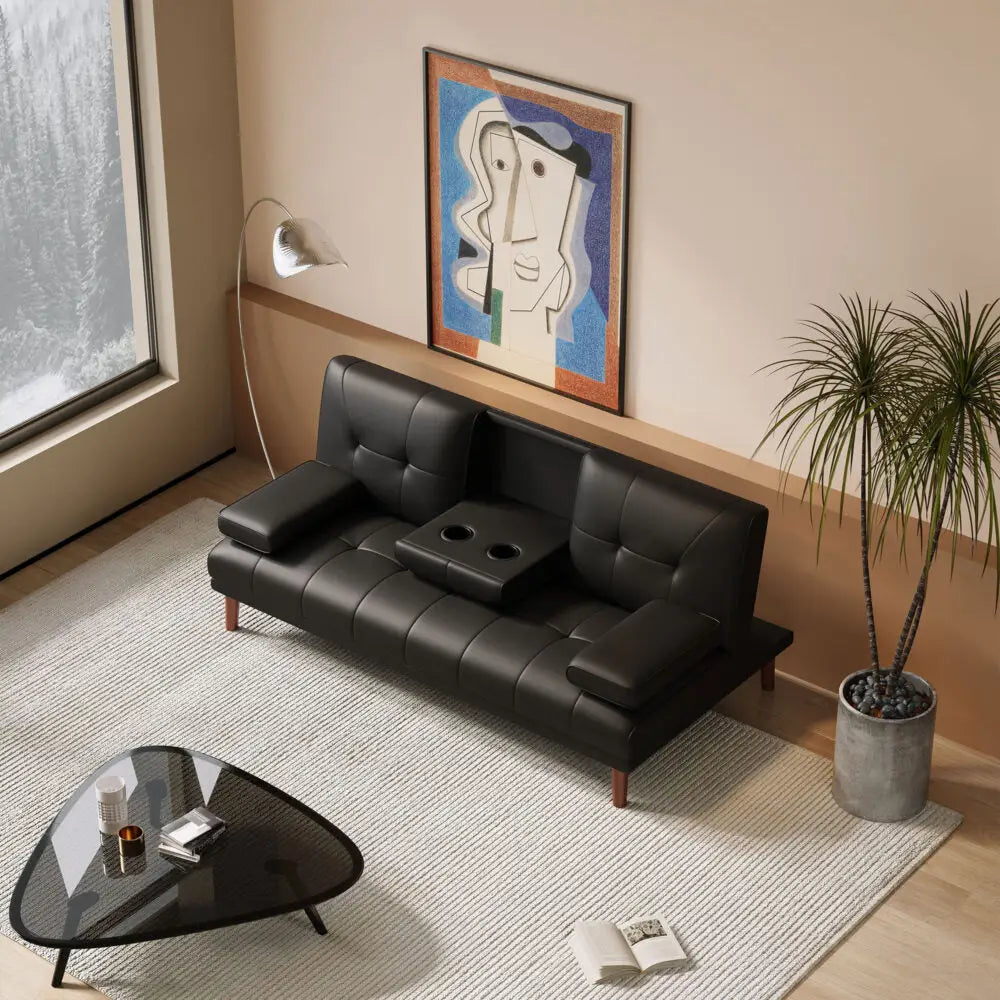 3 Seater Adjustable Sofa Bed With Cup Holder Black - Furniture > Sofas