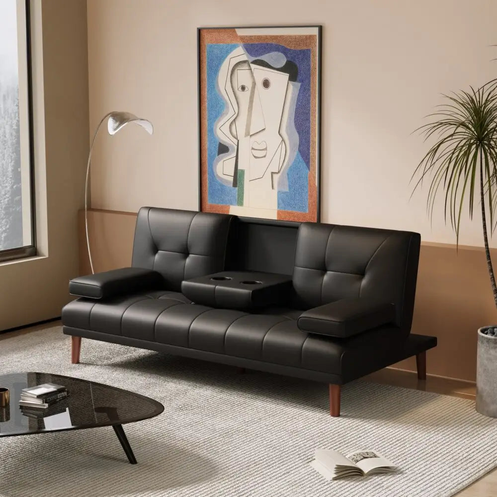 3 Seater Adjustable Sofa Bed With Cup Holder Black - Furniture > Sofas