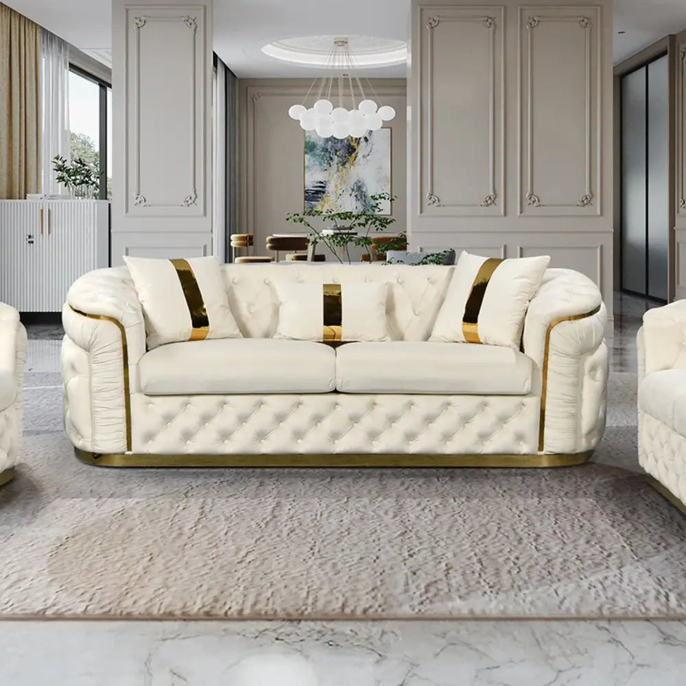 3 Seater Sofa Beige Velvet Fabric Solid Wood construction Gold Stainless Steel Trim - Furniture > Sofas > Sofas & Sofa