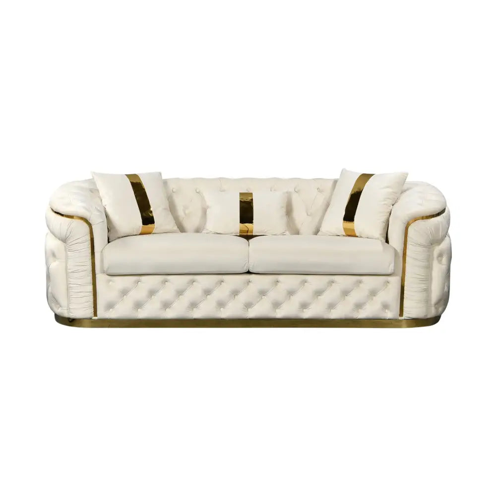 3 Seater Sofa Beige Velvet Fabric Solid Wood construction Gold Stainless Steel Trim - Furniture > Sofas > Sofas & Sofa