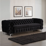 3 Seater Sofa Classic Button Tufted Lounge in Black Velvet Fabric with Metal Legs - Furniture > Sofas