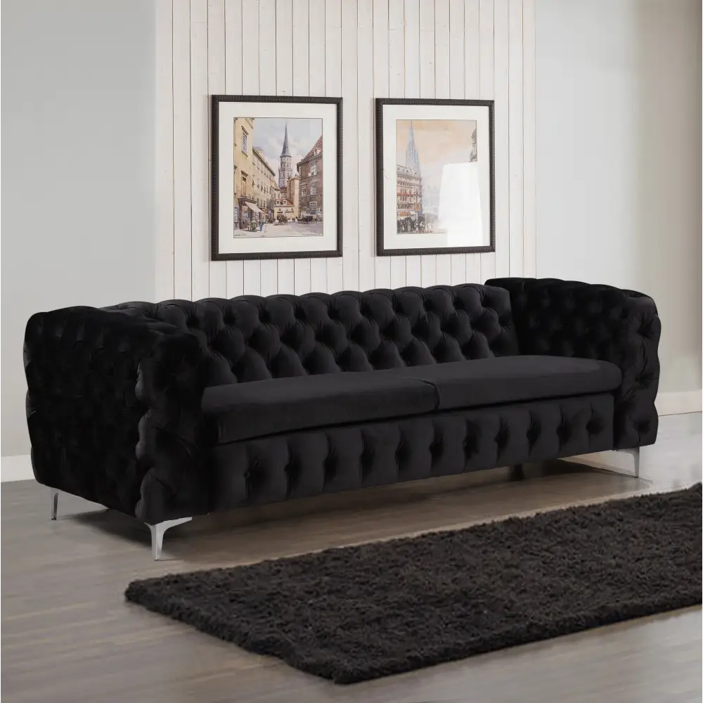 3 Seater Sofa Classic Button Tufted Lounge in Black Velvet Fabric with Metal Legs - Furniture > Sofas