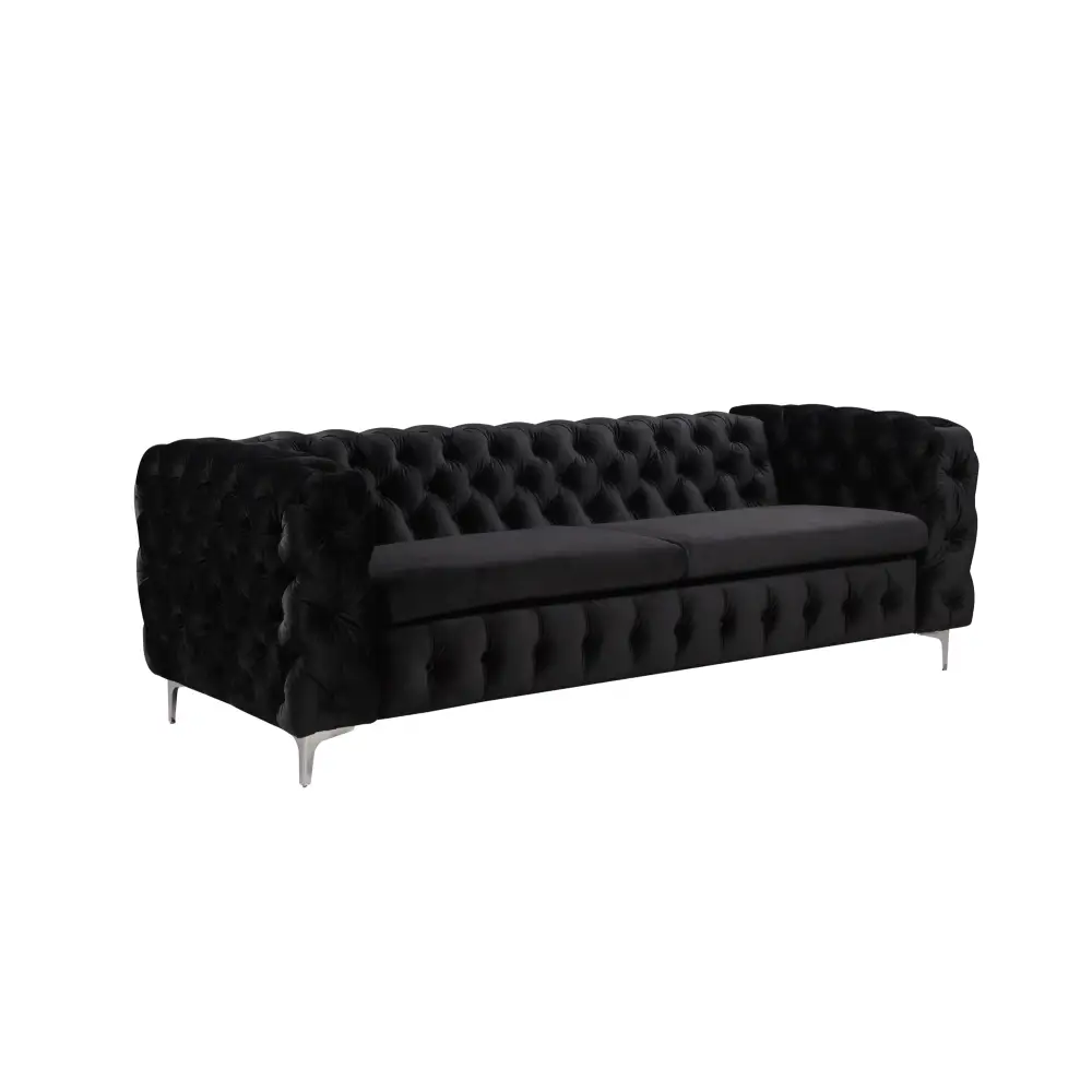 3 Seater Sofa Classic Button Tufted Lounge in Black Velvet Fabric with Metal Legs - Furniture > Sofas