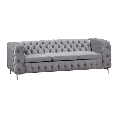 3 Seater Sofa Classic Button Tufted Lounge in Grey Velvet Fabric with Metal Legs - Furniture > Sofas