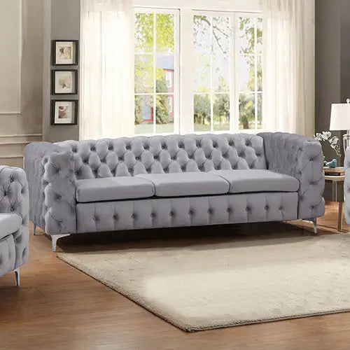 3 Seater Sofa Classic Button Tufted Lounge in Grey Velvet Fabric with Metal Legs - Furniture > Sofas
