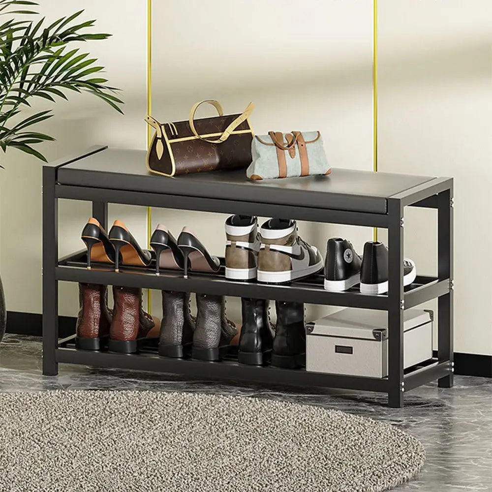 3 Tiers 80cm Width Sturdy Steel Multi-layer Shoe Rack with Bench Entryway Shoe Storage Organizer - Home & Garden >