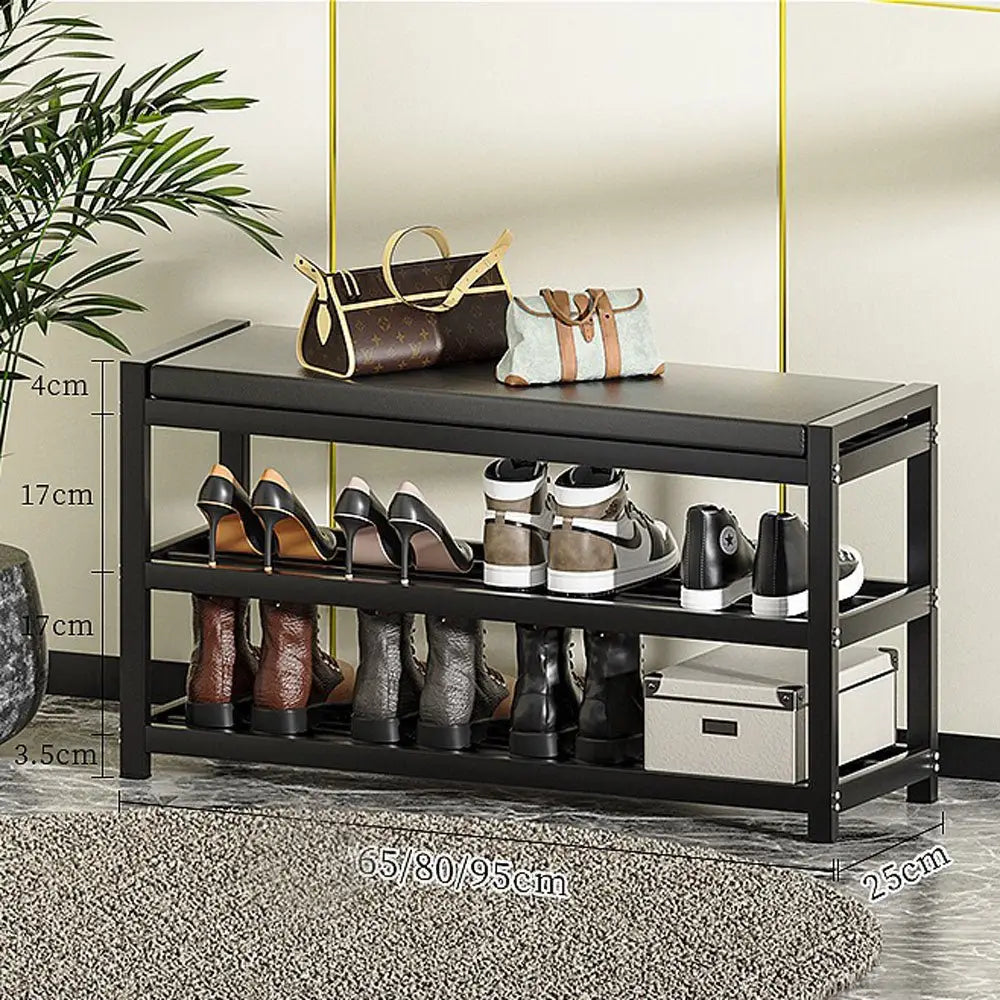 3 Tiers 80cm Width Sturdy Steel Multi-layer Shoe Rack with Bench Entryway Shoe Storage Organizer - Home & Garden >