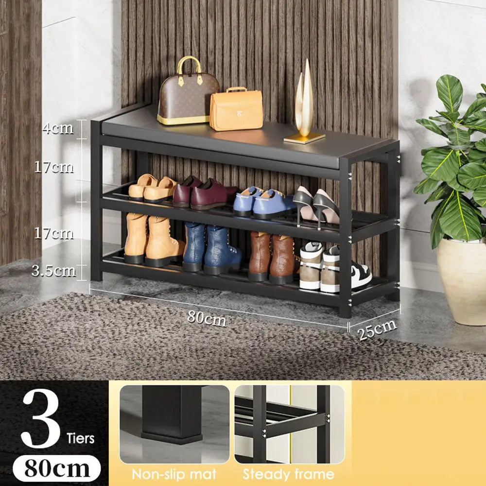 3 Tiers 80cm Width Sturdy Steel Multi-layer Shoe Rack with Bench Entryway Shoe Storage Organizer - Home & Garden >