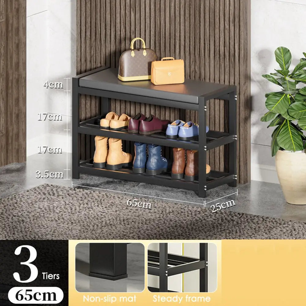 3 Tiers 80cm Width Sturdy Steel Multi-layer Shoe Rack with Bench Entryway Shoe Storage Organizer - Home & Garden >