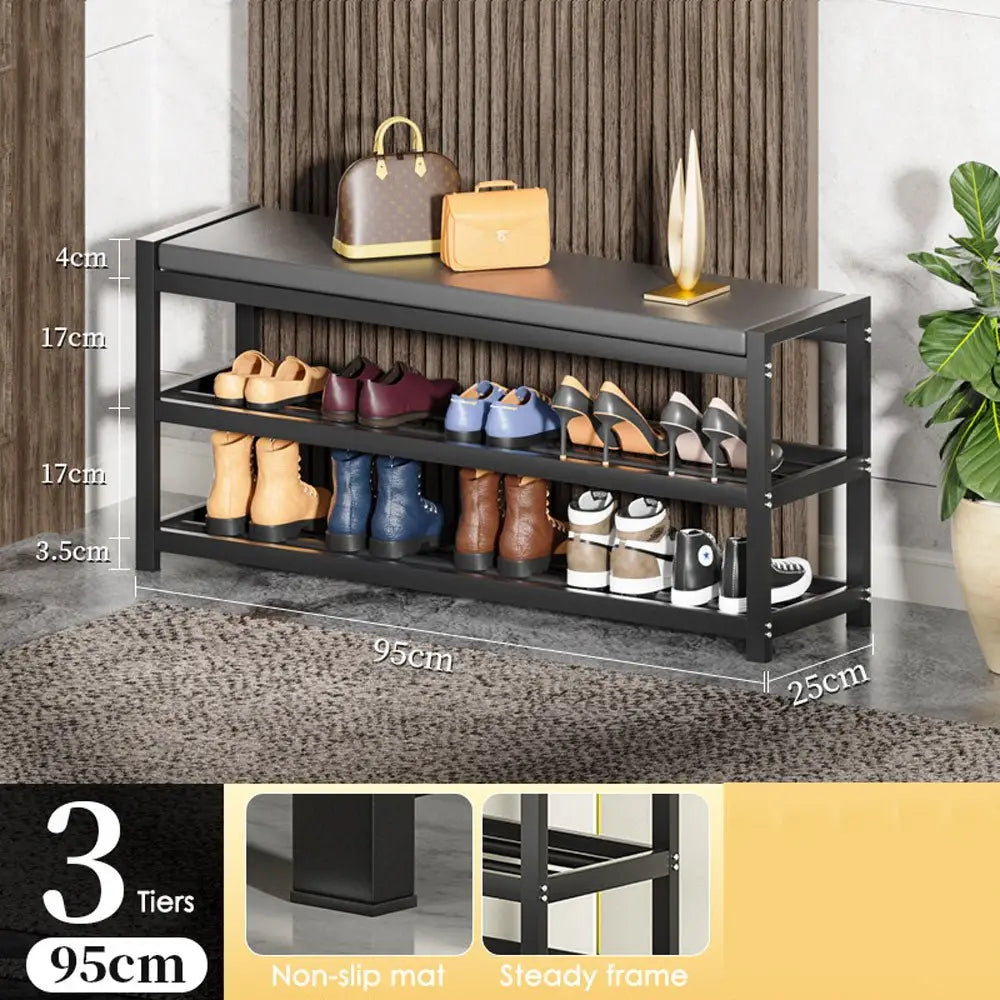 3 Tiers 95cm Width Sturdy Steel Multi-layer Shoe Rack with Bench Entryway Shoe Storage Organizer - Home & Garden >