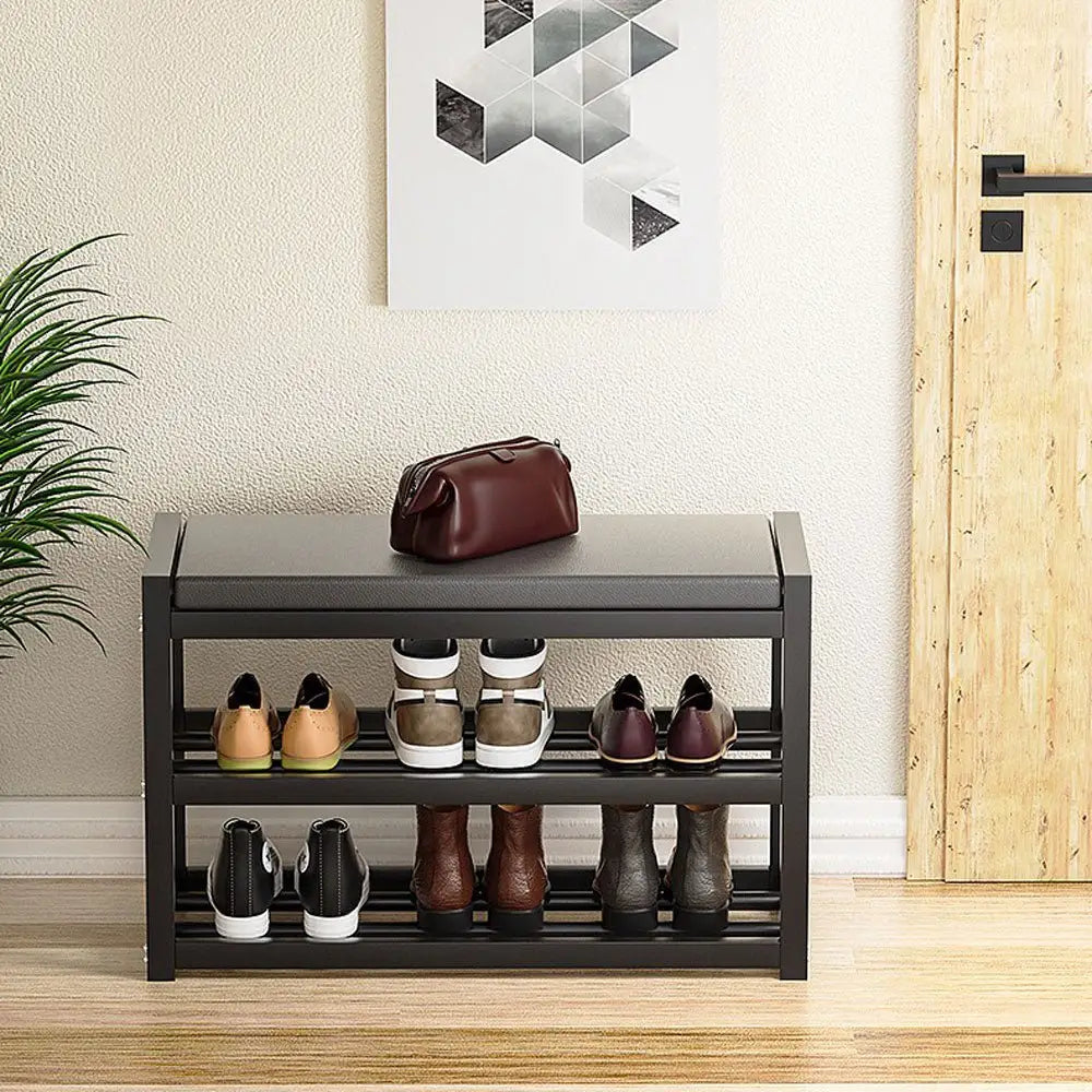 3 Tiers 95cm Width Sturdy Steel Multi-layer Shoe Rack with Bench Entryway Shoe Storage Organizer - Home & Garden >