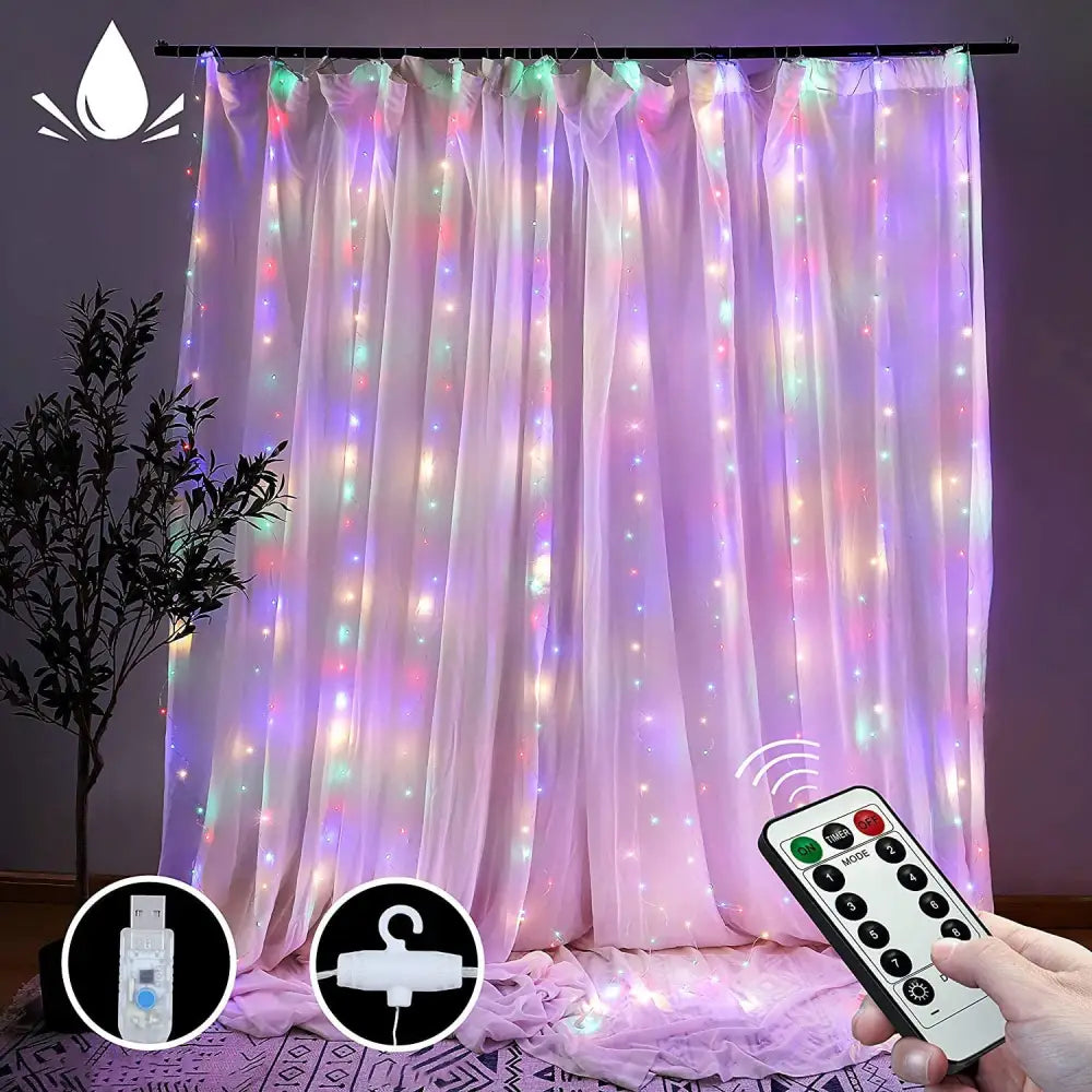 300 LEDs Window Curtain Fairy Lights 8 Modes and Remote Control for Bedroom (Multicolor 300 x 300cm) - Home & Garden >