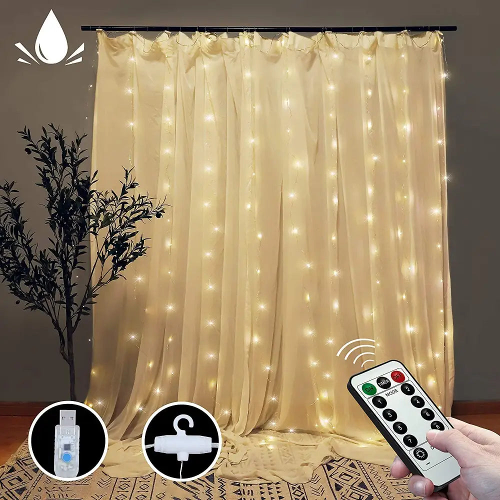 300 LEDs Window Curtain Fairy Lights 8 Modes and Remote Control for Bedroom (Warm White 300 x 300cm) - Home & Garden >