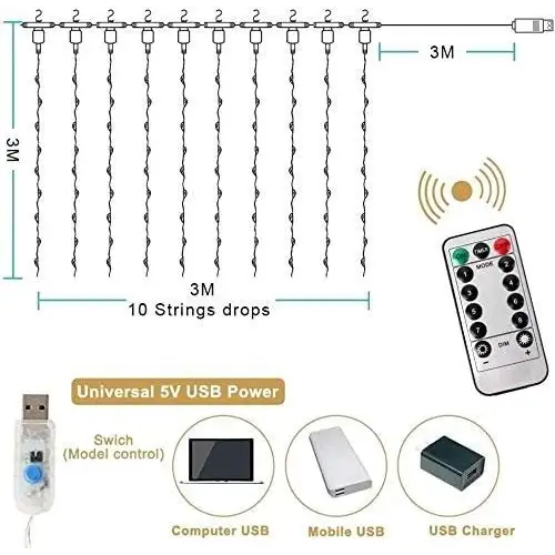300 LEDs Window Curtain Fairy Lights 8 Modes and Remote Control for Bedroom (Warm White 300 x 300cm) - Home & Garden >