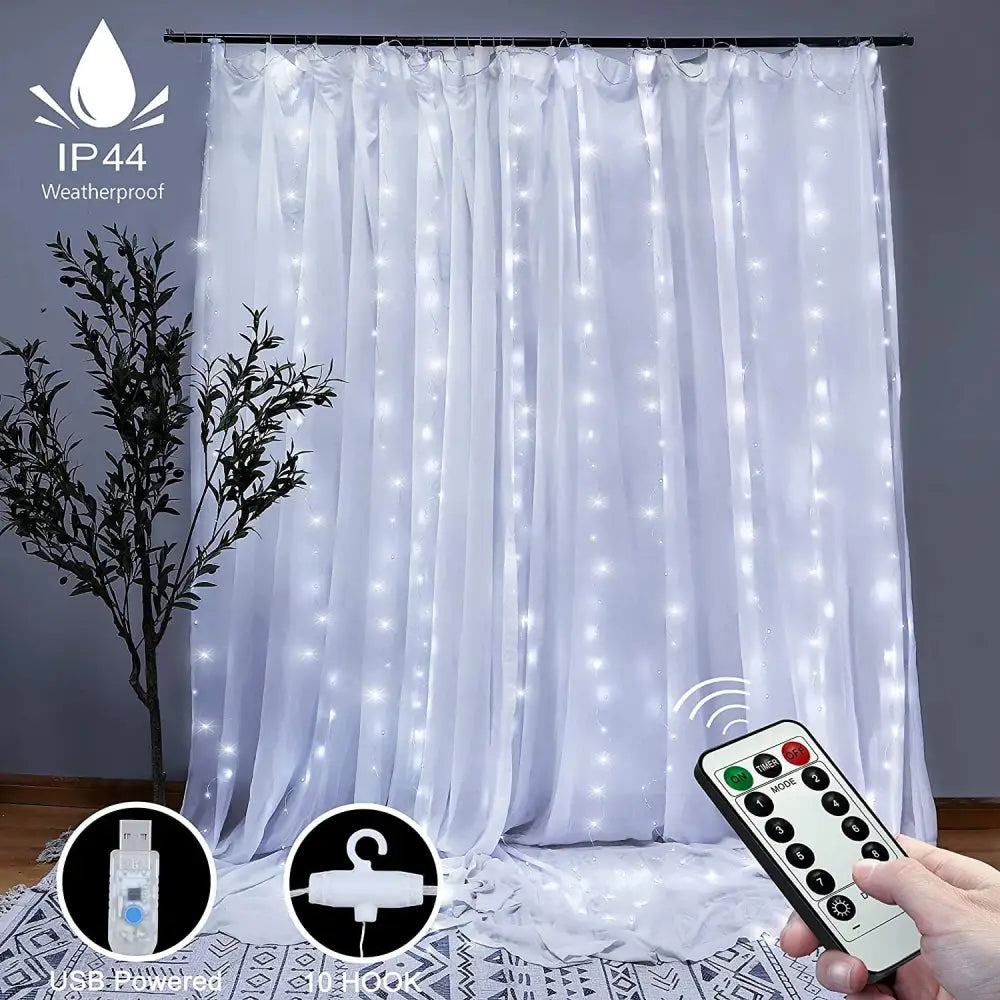 300 LEDs Window Curtain Fairy Lights 8 Modes and Remote Control for Bedroom (Cool White 300 x 300cm) - Home & Garden >