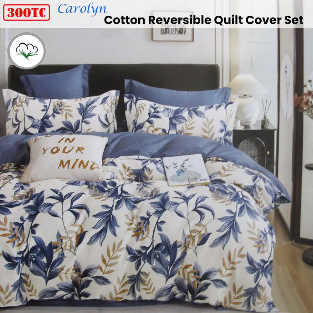 300TC Carolyn Blue Reversible Cotton Quilt Cover Set Queen - Home & Garden > Bedding > Duvet Covers