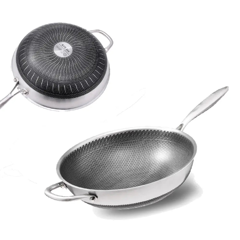 304 Stainless Steel 32cm Non-Stick Stir Fry Cooking Kitchen Wok Pan with Lid Honeycomb Double Sided - Home & Garden >