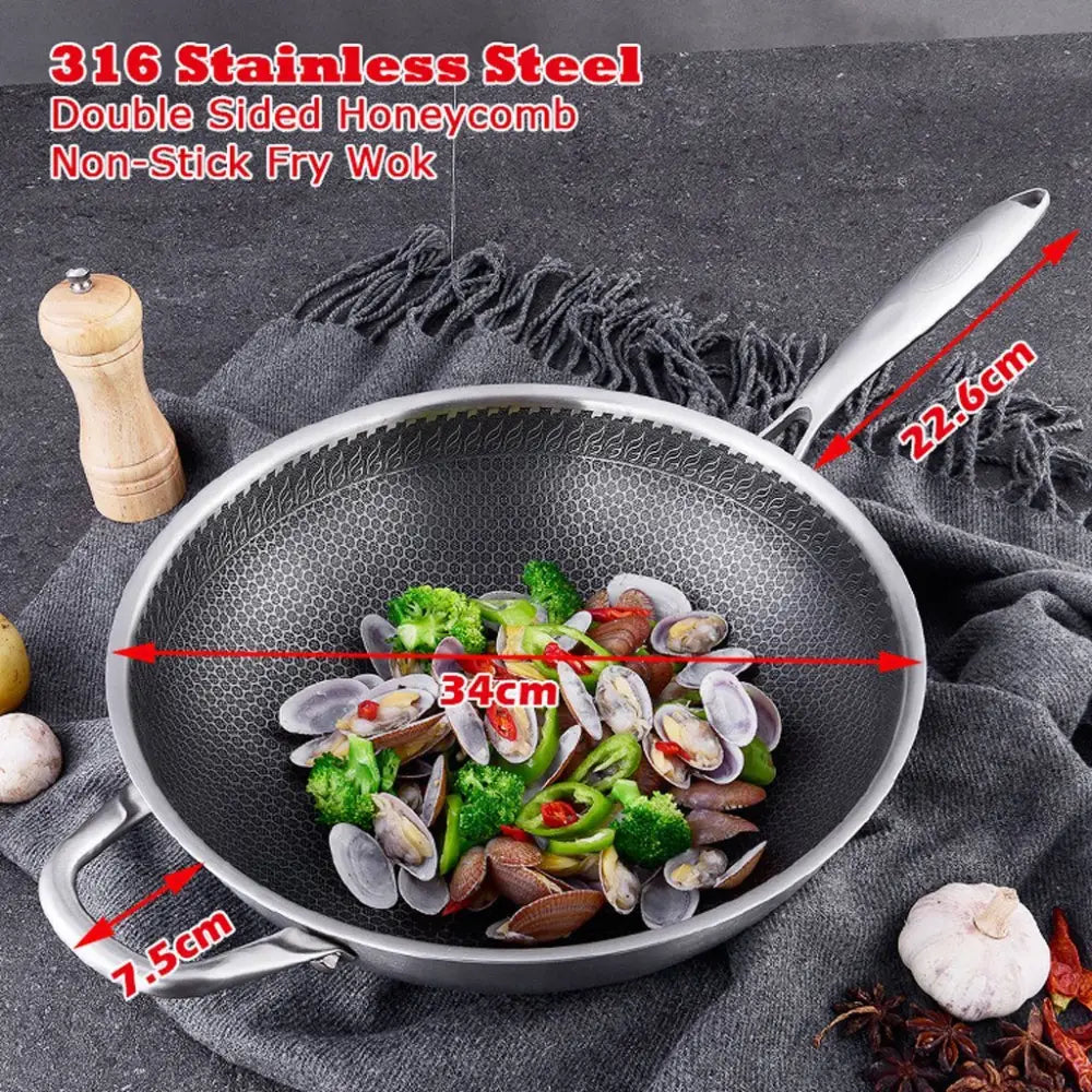 316 Stainless Steel 32cm Non-Stick Stir Fry Cooking Kitchen Wok Pan without Lid Honeycomb Double Sided - Home & Garden
