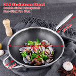 316 Stainless Steel 32cm Non-Stick Stir Fry Cooking Kitchen Wok Pan without Lid Honeycomb Double Sided - Home & Garden