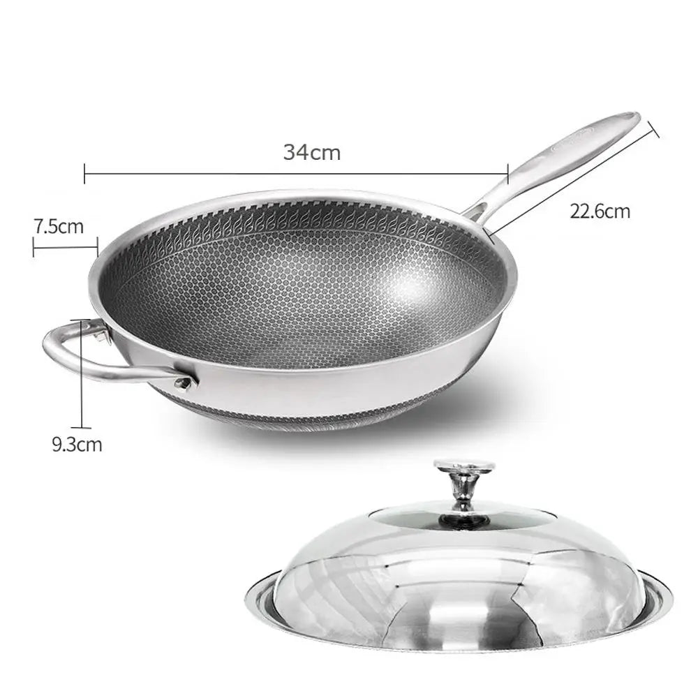 316 Stainless Steel 32cm Non-Stick Stir Fry Cooking Kitchen Wok Pan without Lid Honeycomb Double Sided - Home & Garden