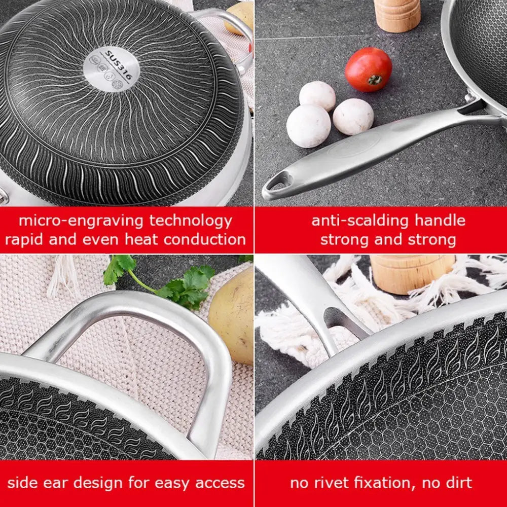 316 Stainless Steel 32cm Non-Stick Stir Fry Cooking Kitchen Wok Pan without Lid Honeycomb Double Sided - Home & Garden