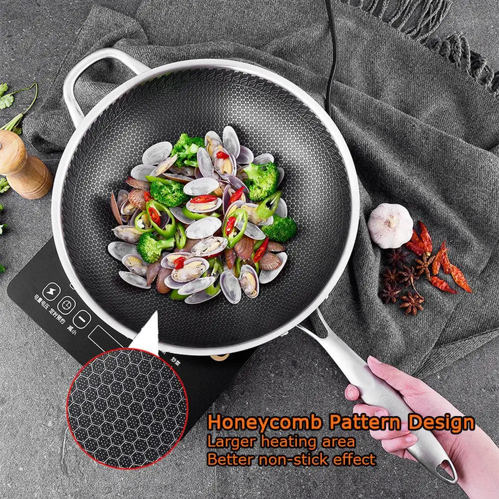 32cm 304 Stainless Steel Non-Stick Stir Fry Cooking Kitchen Honeycomb Wok Pan with Lid - Home & Garden > Kitchenware
