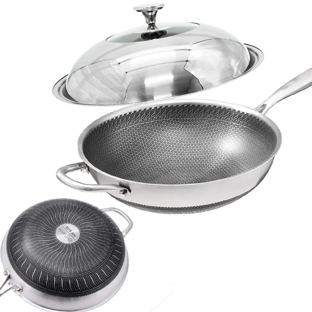 32cm 304 Stainless Steel Non-Stick Stir Fry Cooking Kitchen Honeycomb Wok Pan with Lid - Home & Garden > Kitchenware