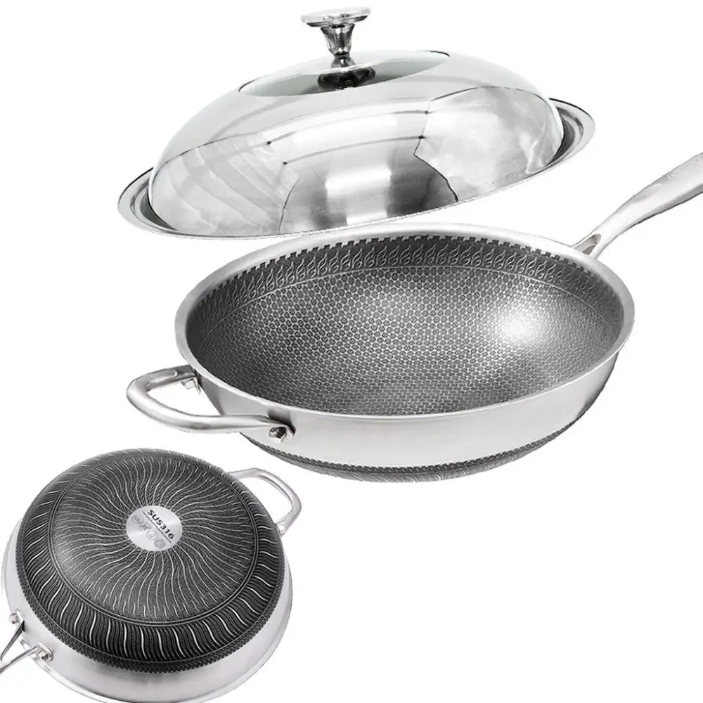 32cm 316 Stainless Steel Non-Stick Stir Fry Cooking Kitchen Wok Pan with Lid Honeycomb Double Sided - Home & Garden >