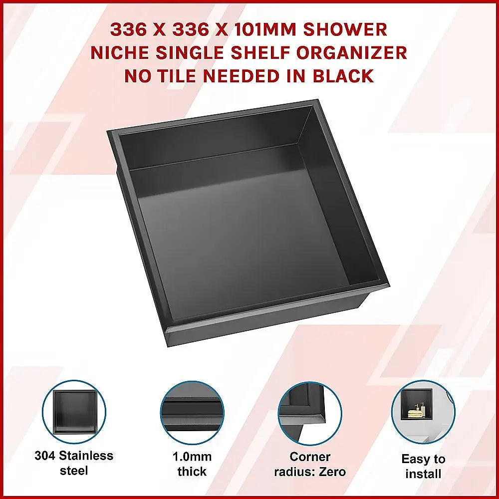 336 x 336 x 101mm Shower Niche Single Shelf Organizer No Tile Needed in Black - Home & Garden > DIY > Kitchen &