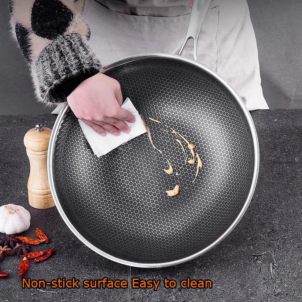 34cm 304 Stainless Steel Non-Stick Stir Fry Cooking Kitchen Honeycomb Wok Pan with Lid - Home & Garden > Kitchenware