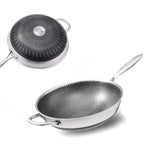 34cm 304 Stainless Steel Non-Stick Stir Fry Cooking Kitchen Wok Pan without Lid Honeycomb Double Sided - Home & Garden