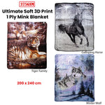 375gsm 1 Ply 3D Print Faux Mink Blanket Queen 200x240 cm Tiger Family - Home & Garden > Bedding