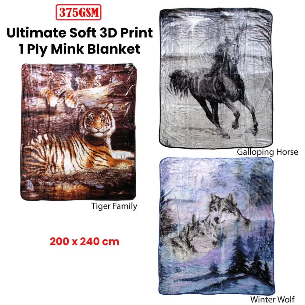375gsm 1 Ply 3D Print Faux Mink Blanket Queen 200x240 cm Tiger Family - Home & Garden > Bedding