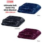 375gsm 1 Ply Solid Faux Mink Blanket Queen 200x240 cm Charcoal - Home & Garden > Bedding