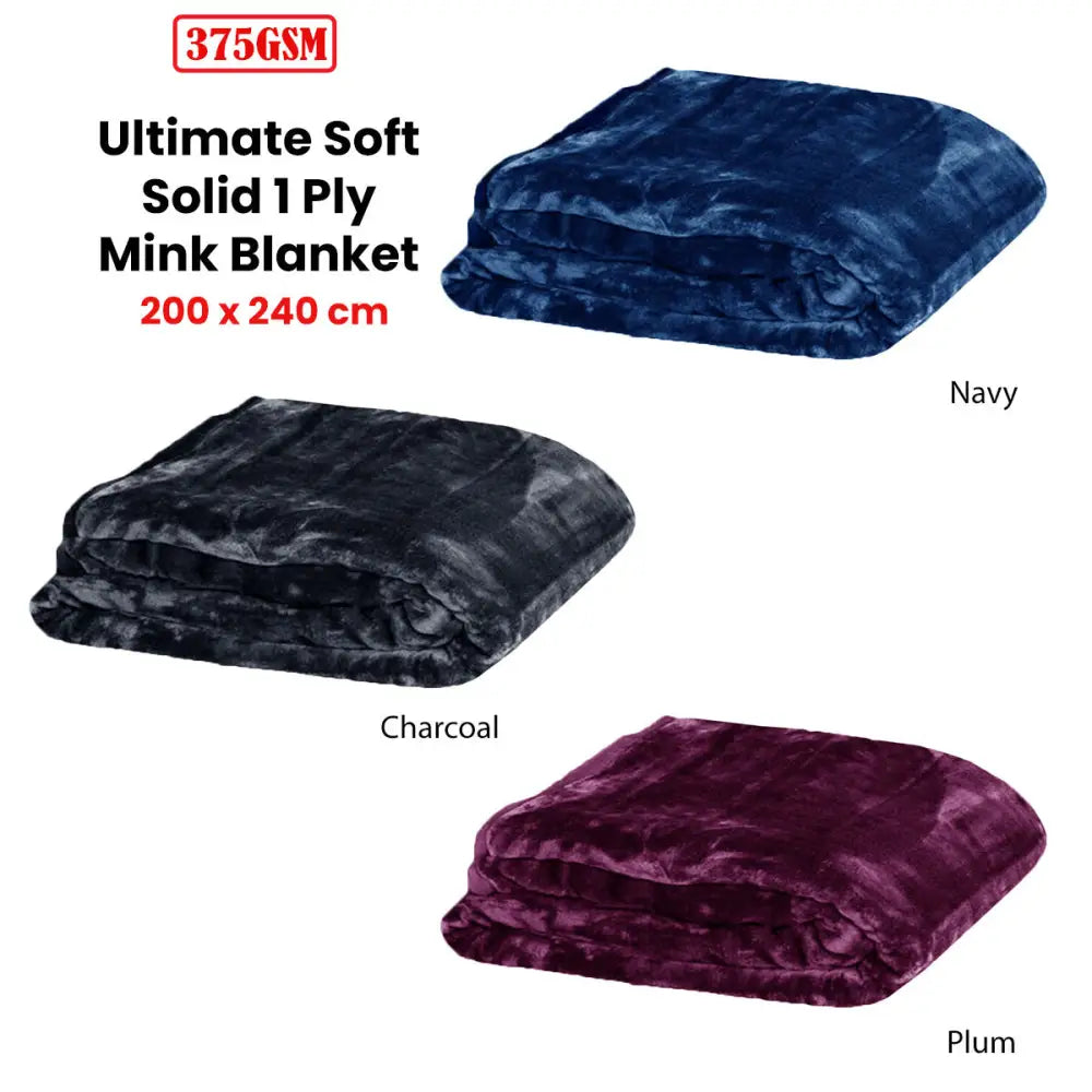 375gsm 1 Ply Solid Faux Mink Blanket Queen 200x240 cm Charcoal - Home & Garden > Bedding