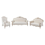 3S + 2S + 1X Wing Chair Oak Wood White Washed Finish Rolled Armrest Linen Sofa Fabric - Furniture > Sofas