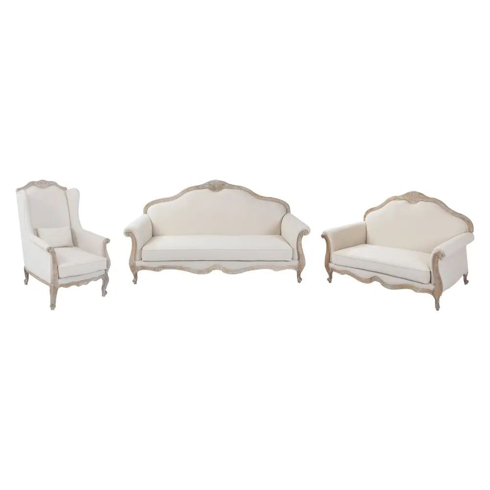 3S + 2S + 1X Wing Chair Oak Wood White Washed Finish Rolled Armrest Linen Sofa Fabric - Furniture > Sofas
