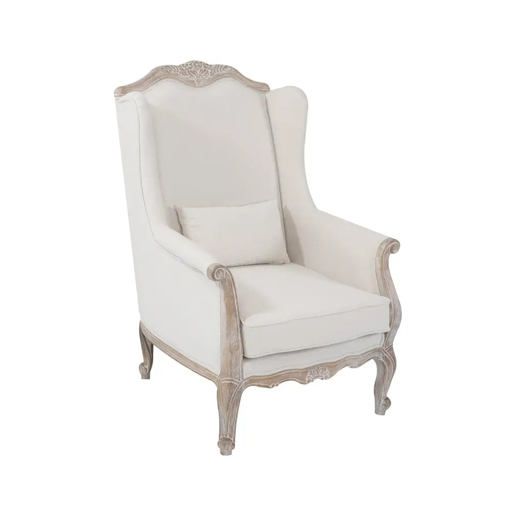 3S + 2S + 1X Wing Chair Oak Wood White Washed Finish Rolled Armrest Linen Sofa Fabric - Furniture > Sofas