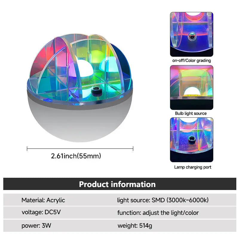 3W LED Acrylic Crystal Ball Night Light with Adjustable Colors - USB Powered - Home & Garden > Lighting > Night Lights