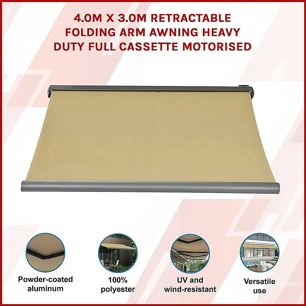 4.0m x 3.0m Retractable Folding Arm Awning Heavy Duty Full Cassette Motorised - Home & Garden > Shading