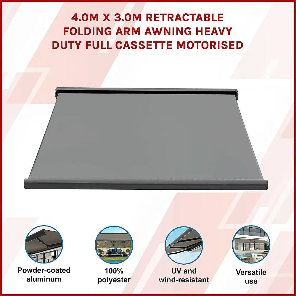 4.0m x 3.0m Retractable Folding Arm Awning Heavy Duty Full Cassette Motorised - Home & Garden > Shading