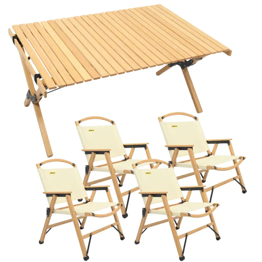 4 Chairs & 1 Table Set Bamboo Camping Folding Portable Outdoor Picnic Travel BBQ - Outdoor Recreation > Camping > Camp